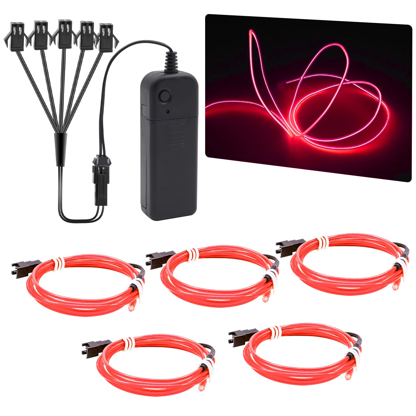 NWpangu EL Wire Neon Lights, 5 in 1(3.28Ft Each) Electroluminescent EL Wires Set for Holiday, Party, DIY Decoration, Warning Sign, Red(3 Operation Modes)
