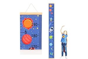 DOOLMIN Baby Height Growth Chart, Canvas Height Measuring Chart for Kids Child Toddler Boys Girls, 79" x 7.9" Hangable and Removable Waterproof Wood Ruler for Wall Room Nursery Décor (Blue Planet)