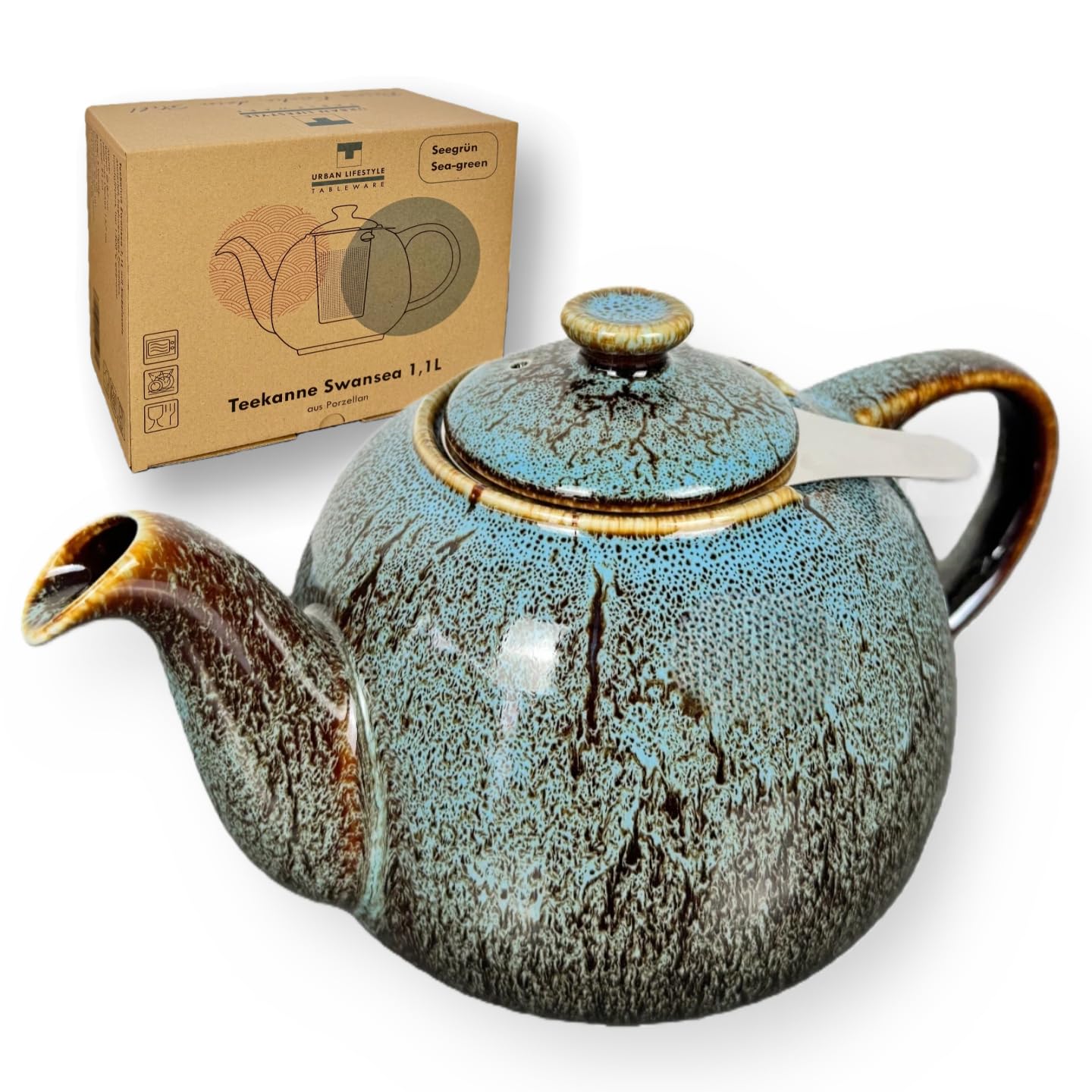 URBAN LIFESTYLE Porcelain Teapot with Stainless Steel Infuser, 1.1 L (5 Cups), Drip-Free Loose Leaf Tea Pot, Large Teapot with Strainer for Tea Bags & Loose Tea, Swansea Sea Green