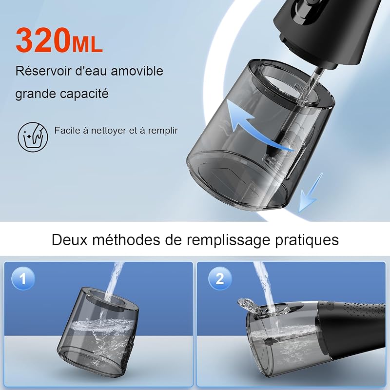 Hydropulseur jet Dentaire Portable, Réservoir d'eau de 320 ml, Noir