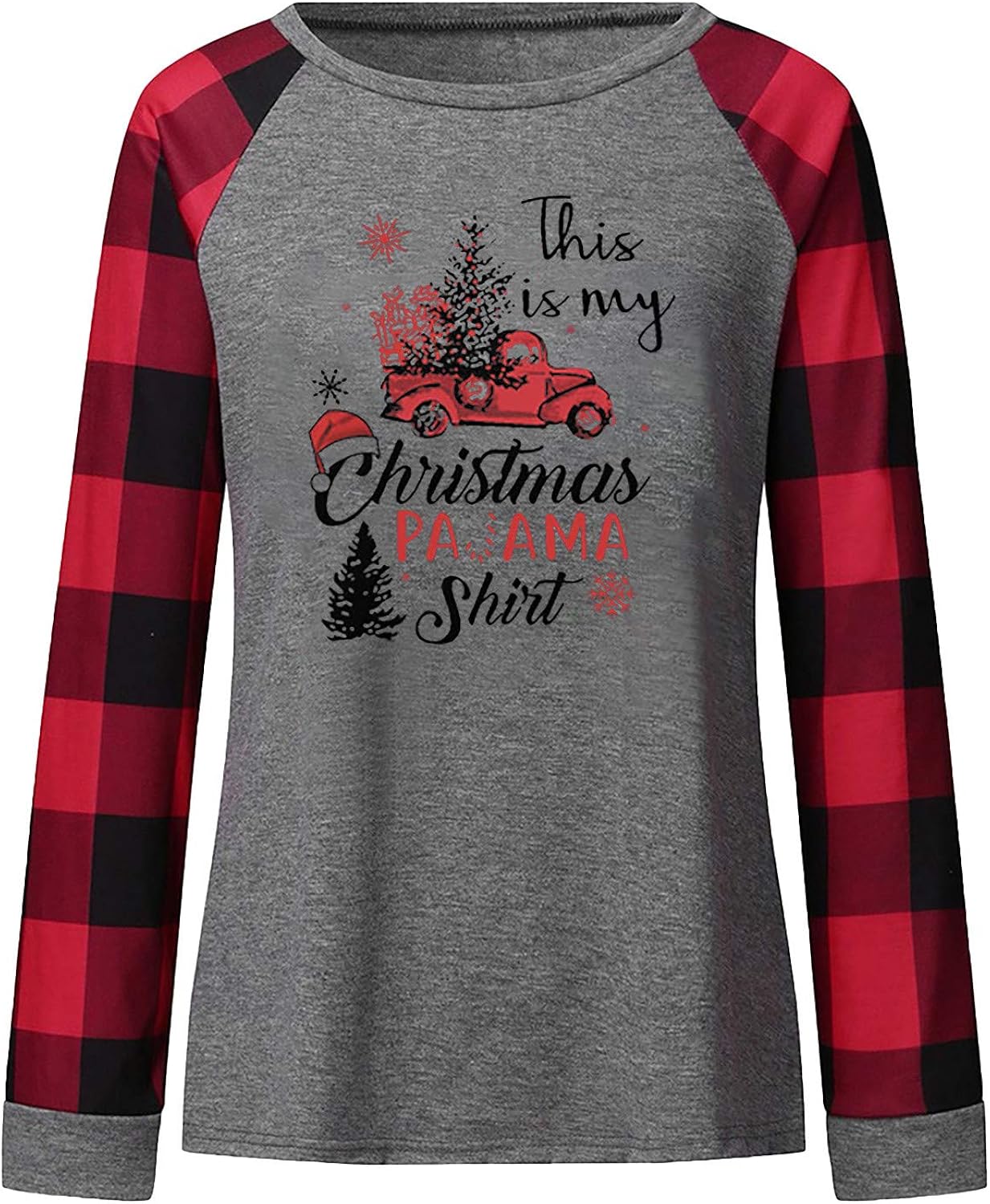 Womens Christmas Long Sleeve TShirt Ladies Printing Plaid Stitching