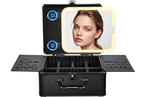 Faquenc Makeup Case with Magnetic Lighted Mirror Makeup Organizer Box Travel Cosmetic Case with 3 Colors LED Mirror Portable Vanity Make up Suitcase with Lockable Keys Dividers Brush Holder, Black