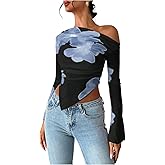 WDIRARA Women's Y2k Floral Print One Shoulder Long Sleeve Mesh Top Asymmetrical Hem Shirt