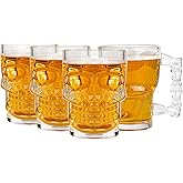 binsakao Beer Mugs Set of 4 - Skull Glasses with Handle - 17 OZ Heavy Base Drinking Tiki Glasses - Clear Beer Stein Cup for Whiskey, Wine, Juice, Home Bar, Halloween Decorations Gifts