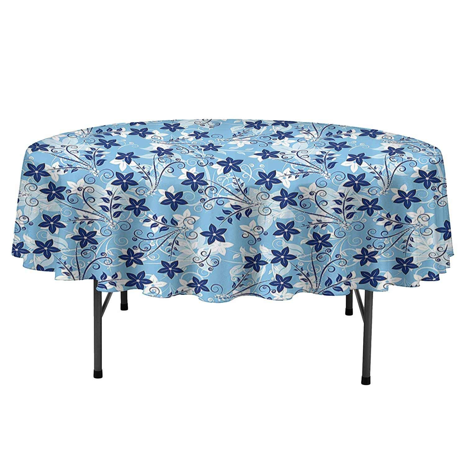 Blue Decor Outdoor Round Tablecloth Flowers Floral Pattern with Swirls Ivy Leaf Abstract Artwork Image Tablecloth for Dinner Parties D35 Inch Blue Sky Blue and White