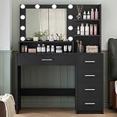 FIONESO Makeup Vanity Desk with Mirror, 10 Lights, 5 Drawers, 3 Storage Shelves, 3 Color Modes & Adjustable Brightness Dressi