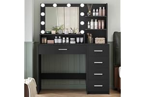 FIONESO FGNTWP Makeup Vanity Desk with Mirror, 10 Lights, 5 Drawers, 3 Storage Shelves, 3 Color Modes & Adjustable Brightness Dressing Table, 35.4” Desk, Black