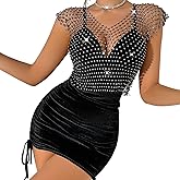 Jokesky Rhinestone Crystal Crop Top, Long Sleeve Mesh Body Chains, See Through Mesh Diamond Fishnet Shirts Outfits
