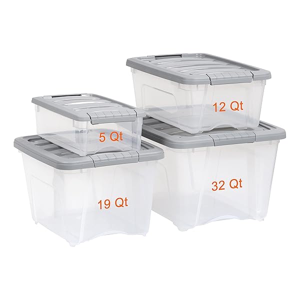 AMAZON BASICS PLASTIC STORAGE CONTAINERS WITH SECURE LATCHING LIDS, STACKABLE ORGANIZATION BINS FOR ORGANIZING, CLEAR/GREY, 12 QUART, SET OF 6
