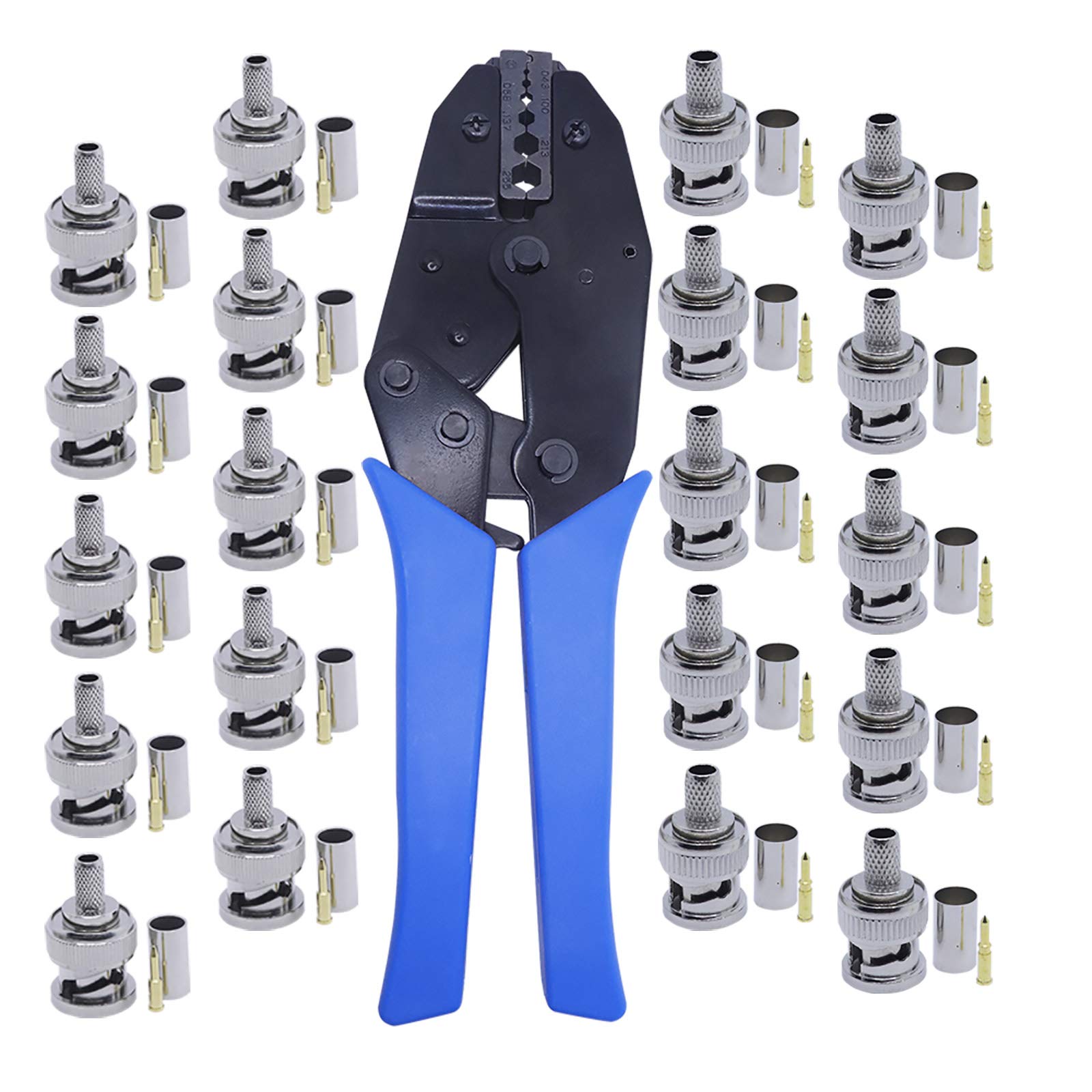 Kagni BNC Crimping Tool Kit, 20pcs Connectors (10pcs Male BNC RG59, 10pcs RG58), Carbon Steel Crimping Tool with Integral Locking Design, Includes Free Cutter