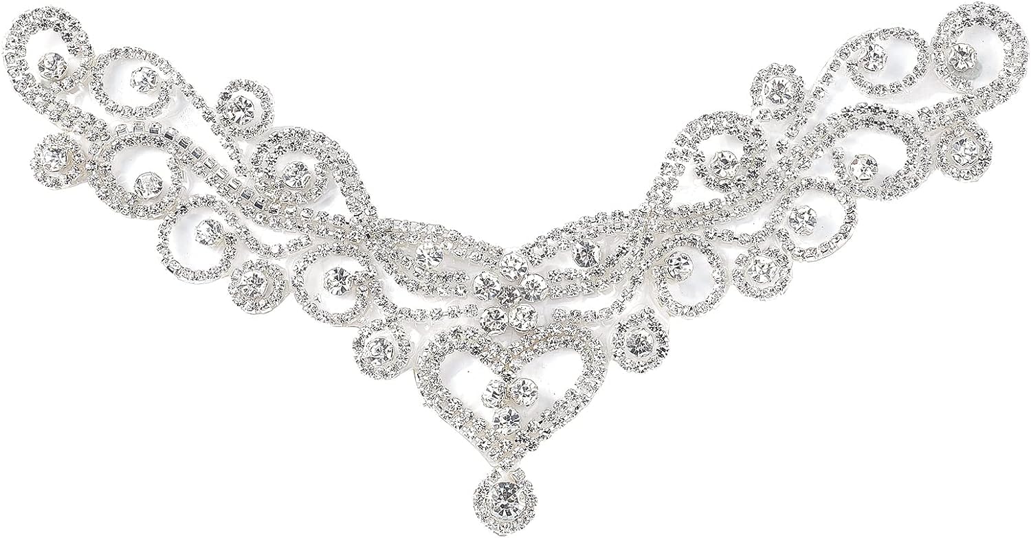 FINGERINSPIRE V-Neck Neckline Rhinestone Applique Sew Crystal Applique for Neckline/Belt/Headpiece Silver Rhinestone Applique for Wedding Dress Rhinestones Gown Embellishments