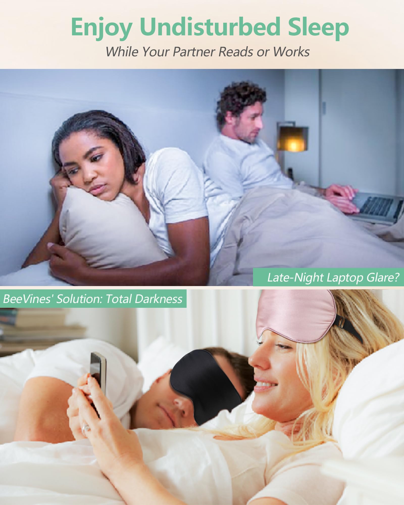 BeeVines 100% Real Mulberry Silk 2 Pack Sleep Mask, Natural Pure Silk Eye Masks with Adjustable Strap for Sleeping, 100% Block Light Eye Sleep Shade Cover, Reduces Puffy Eyes Traveling Gifts