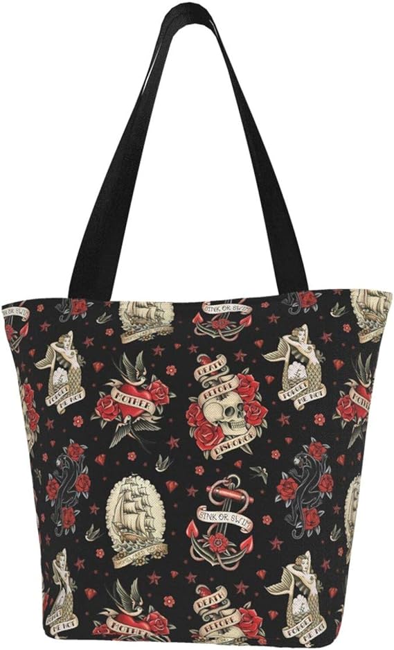 Old School Tattoo - Bolsa de lona negra para mujer, reutilizable