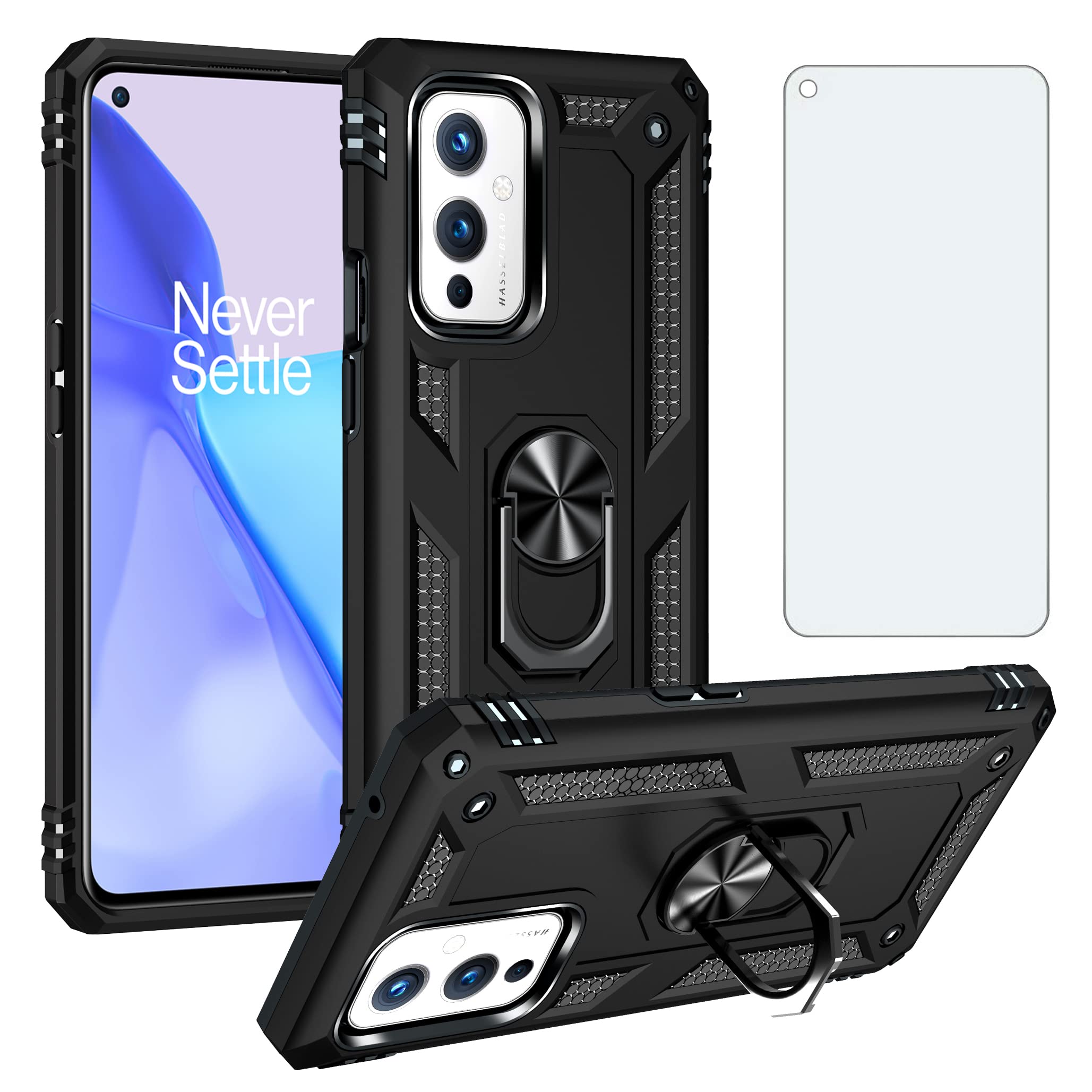 Phone Case for OnePlus 9 OnePlus9 5G with Tempered Glass Screen Protector Cover Magnetic Stand Ring Holder Accessories Heavy Duty Shockproof One Plus9 On 1 Plus 1plus One+ 1+ 1+9 Nine Girls Black