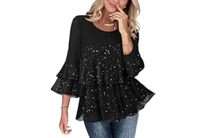 Oplxuo Womens Sparkly Tops Dressy 3/4 Sleeve Tiered Ruffles Tunic Top Elegant Evening Mesh Flowy Blouse Crewneck Shirts