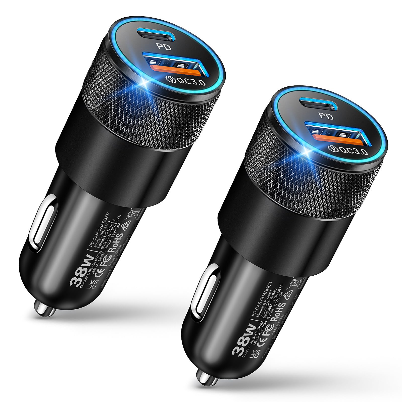 USB C Car Charger, 2 Pack 38W Dual Ports USB-C & USB-A Car Charger Adapter Fast Charging Cigarette Lighter Chargers for iPhone 17 Pro Max 16 16e 15, Samsung S24, Pixel Cargador para Carro Phone Plug
