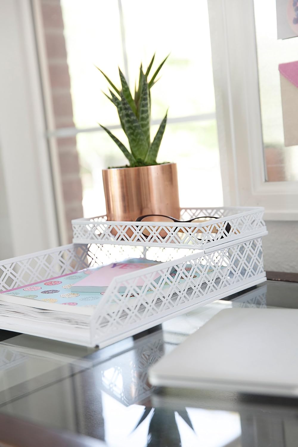 Blu Monaco White Desk Organizer - 5 Piece Interlocking Desk Accessories Set - Paper - Document Tray, Pen Cup, 3 Assorted Accessory Trays : Office Products