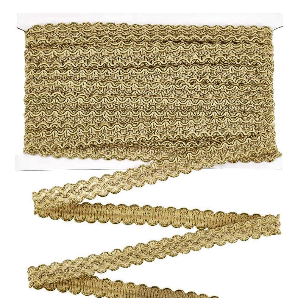 FINGERINSPIRE 12m 15mm Gold Edge Woven Braid Trim Handmade Polyester Sewing Gold Metallic S Wave Braid Crafts Decorative Trim with Card for Curtain Slipcover DIY Costume Accessories