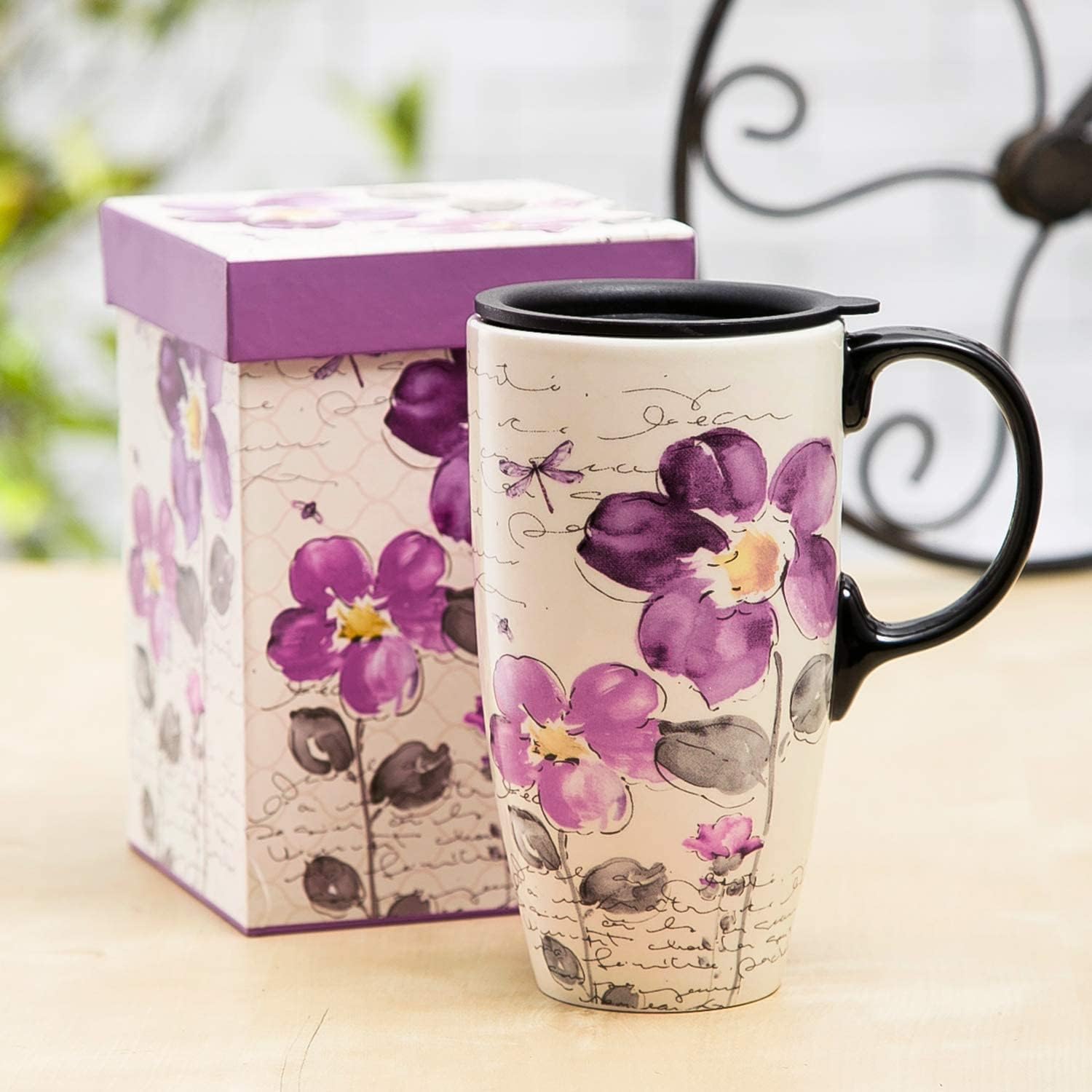DUSVALLY Ceramic Coffee Mug with Lid Porcelain Cup with Box Latte Mug, 17oz. Purple Flowers
