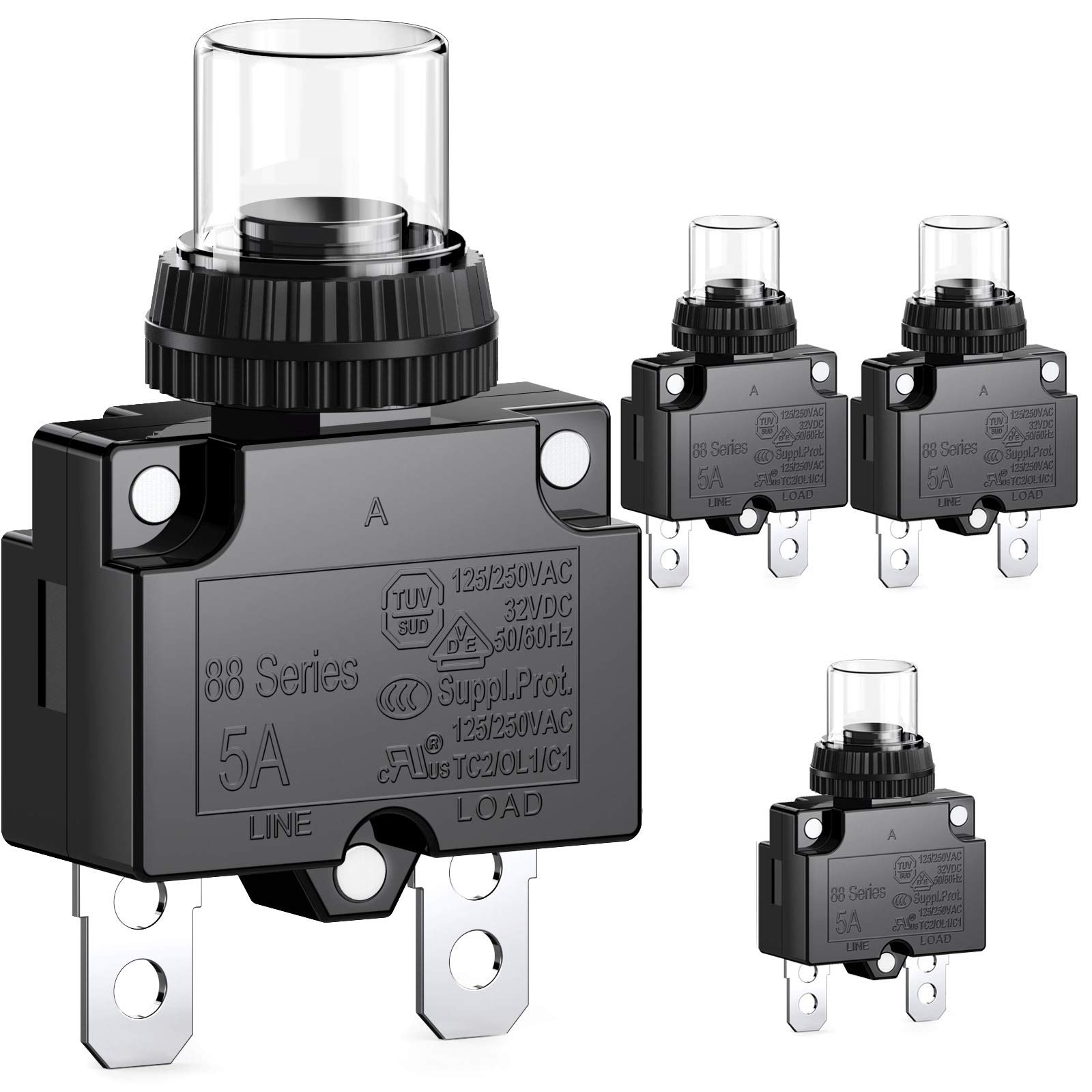 Clyxgs 4PCS 3A Thermal Overload Protection Switch Series 88 Manual Push Button Reset with Quick Release Terminals and Waterproof Keypad Cap 32VDC or 125/250VAC, 5A