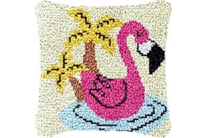 Yglnden Latch Hook Kits Pillow Flamingo Crochet Yarn Cushion Colour Pre-Printed Canvas Rug Needlework DIY Pillowcase Hook and Latch Kit Christmas Home Sofa Decoration 43x43cm/17X17inch