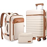 UKEIN Luggage Sets 3 Piece, PC Hardside Carry On Luggage 28 Inch With Spinner Wheels with TSA Lock, Carry On Suitcase Set With Travel Backpack for Men (Beige, 3 piece set (28inch))