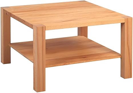 HomeTrends4You 255717 Couchtisch Silas, quadratisch, Echtholz Kernbuche massiv geölt, mit Ablage, 70x70cm, Höhe 43cm