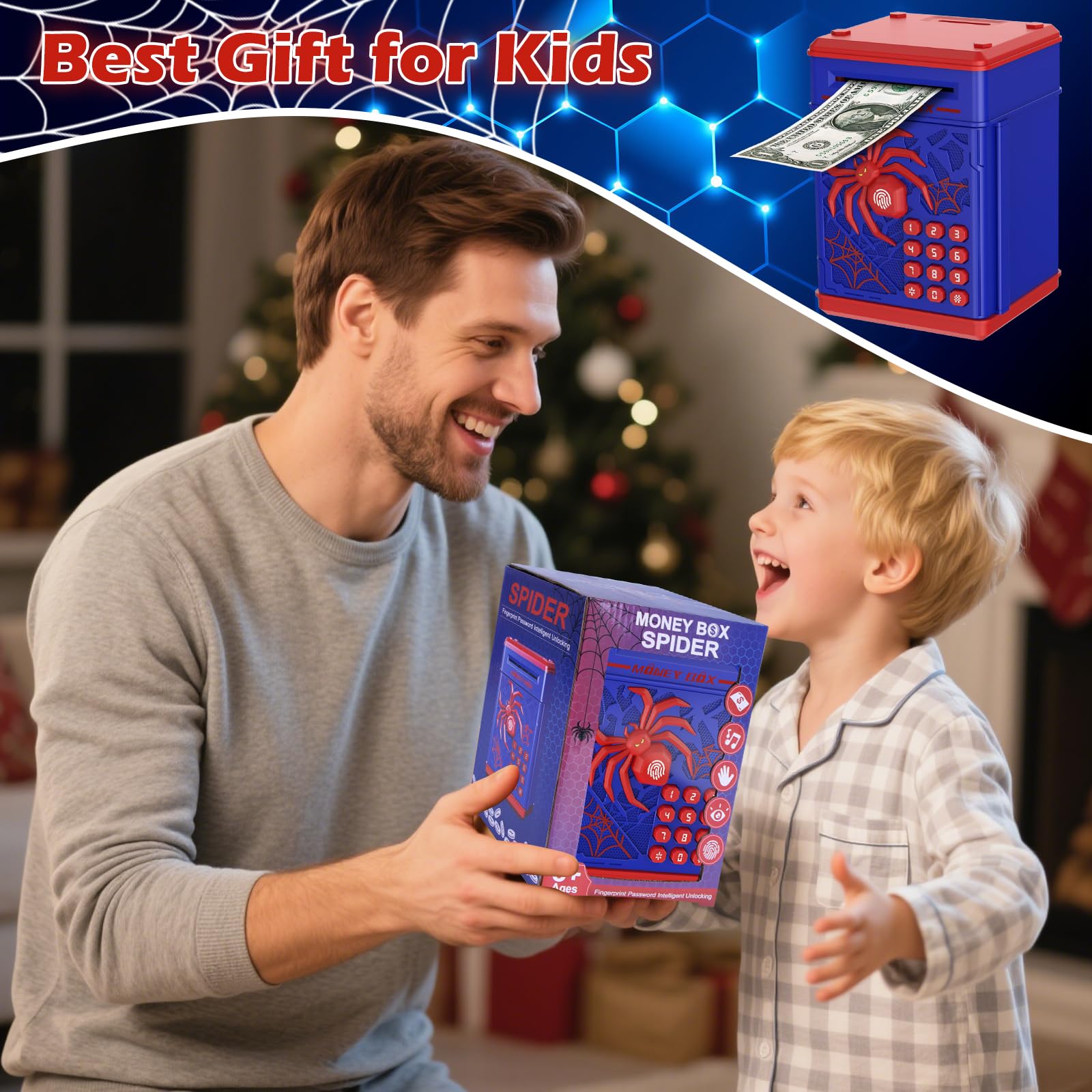 Spider Fingerprint Piggy Bank, ATM Piggy Bank for Kids Boys Girls, Kids Money Saving Box Money Safe (Blue)
