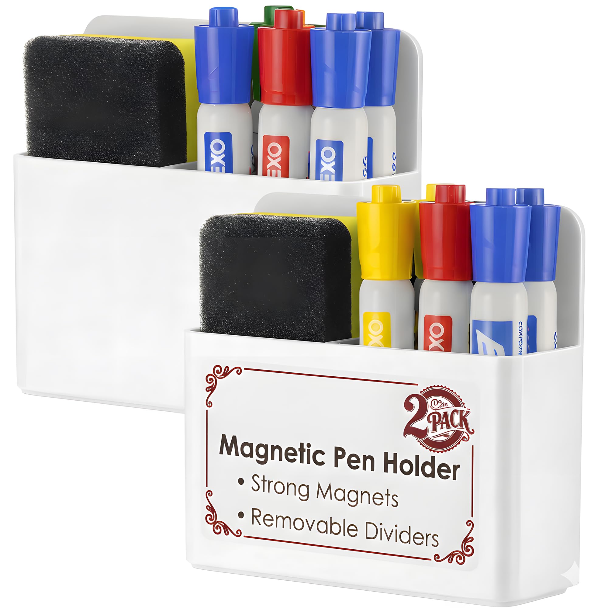Photo 1 of 2 Pack Magnetic Pen Holder for Refrigerator & Whiteboard, Full-Back Magnet Dry Erase Marker Holder with Adjustable Divider, Magnetic Marker Holder for White Board Office Desk Locker Accessories, White