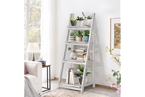 ALeesing 4 Tier Ladder Shelf, Wooden Ladder Shelf, Industrial 4 Tier Bookshelf Ladder Shelves Rustic Foldable Freestanding Plant Stand, Solid Wood Shelf with for Bedroom, Living Room, White