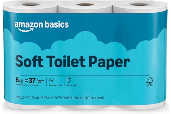 Amazon Basics 2-Ply Soft Toilet Paper, 6 Rolls, 350 Sheets per Roll, Equivalent to 37 Regular Rolls, Septic Safe