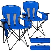 Camping Chairs for Adults 2 Pack, Folding Chair with 4-Can Cooler Bag &amp; Cup Holder, Portable Heavy Duty Outdoor Chair with Mesh Back for Camping, Beach, Lawn, Fishing, Blue