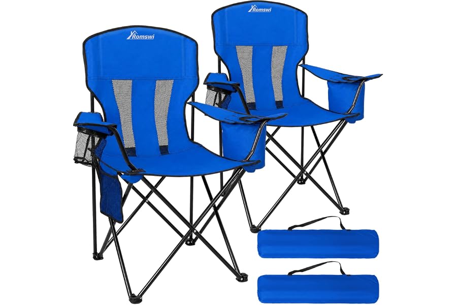 Camping Chairs for Adults 2 Pack, Folding Chair with 4-Can Cooler Bag & Cup Holder, Portable Heavy Duty Outdoor Chair with Mesh Back for Camping, Beach, Lawn, Fishing, Blue