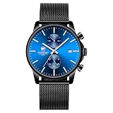 GOLDEN HOUR Men’s Watch Fashion Sport Quartz Analog Mesh Stainless Steel Waterproof Chronograph Watches, Auto Date in Silver Hands, Color: Black Blue Face