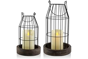 VIVIRENOIR Farmhouse Lanterns - Set of 2 Rustic Home Decor with Flameless Candles, Wire Metal Cloche Decorative Candle Holders for Living Room, Fireplace Mantel, Dining Table (Brown)