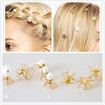 Elegant Pearl Star Gold Metal Swirl Spiral Hair Spin Screw Coils