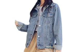 Saukiee Oversized Denim Jacket Distressed Boyfriend Jean Coat Jeans Trucker Jacket for Women Girls