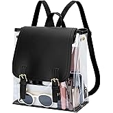 KKXIU Girls Clear Backpack Stadium Approved Transparent PVC Women Clear Bookbag with Leather for Sports Event, Concert (Black)