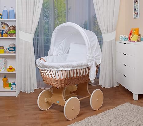 WALDIN Baby Stubenwagen-Set mit Ausstattung,XXL,Bollerwagen,komplett,26 Modelle wählbar,Gestell/Räder natur unbehandelt,Stoff
