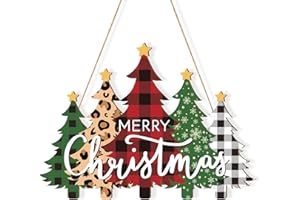 SOPHENA Wooden Christmas Tree Door Wreath for Front Door Sign Wall Signs, Merry Christmas Sign Black White Buffalo Plaid Welcome Hanging for Home Wall Decor Xmas Party Outdoor Indoor Supply