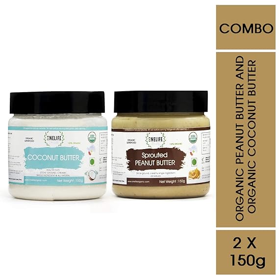 ONELIFE Organic 100% Certified Organic Sprouted Peanut Butter and Coconut Butter Combo Pack-150 GMS Each-Healthy Bread Spread- Vegan, Gluten Free, No Added Salt or Sugar, Keto Friendly Snacks