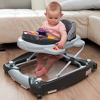 2IN1 Lauflernhilfe mit Schaukelfunktion + Spielcenter (12 Melodien+Licht) Gehfrei Gehhilfe Baby Walker Babyschaukel (Schwarz/Grau)