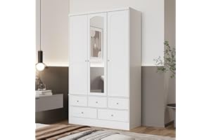 MOUMON 3 Door Wardrobe Closet with Mirror & 5 Drawers, Wardrobe Armoire Closet with Hanging Rod & 4 Tier Shelves, for Bedroom White (47.8”W x 19.7”D x 78.7”H)