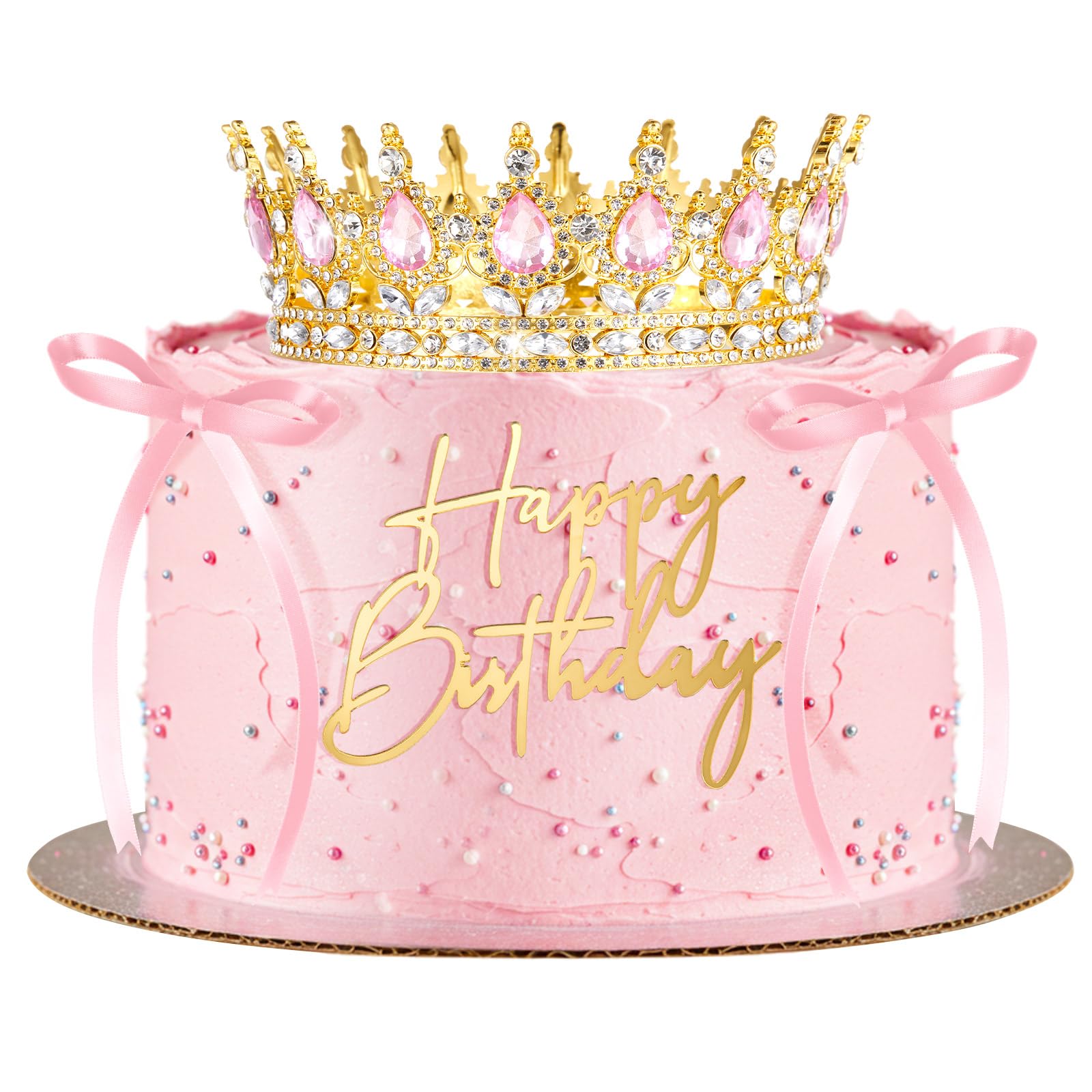 Photo 1 of Landical 8 Pcs Queen Crown Cake Topper for Women, Happy Birthday Princess Tiaras Headband with Bow Tie Wedding Cake Decorations for Birthday Party Supplies(Gold and Pink)