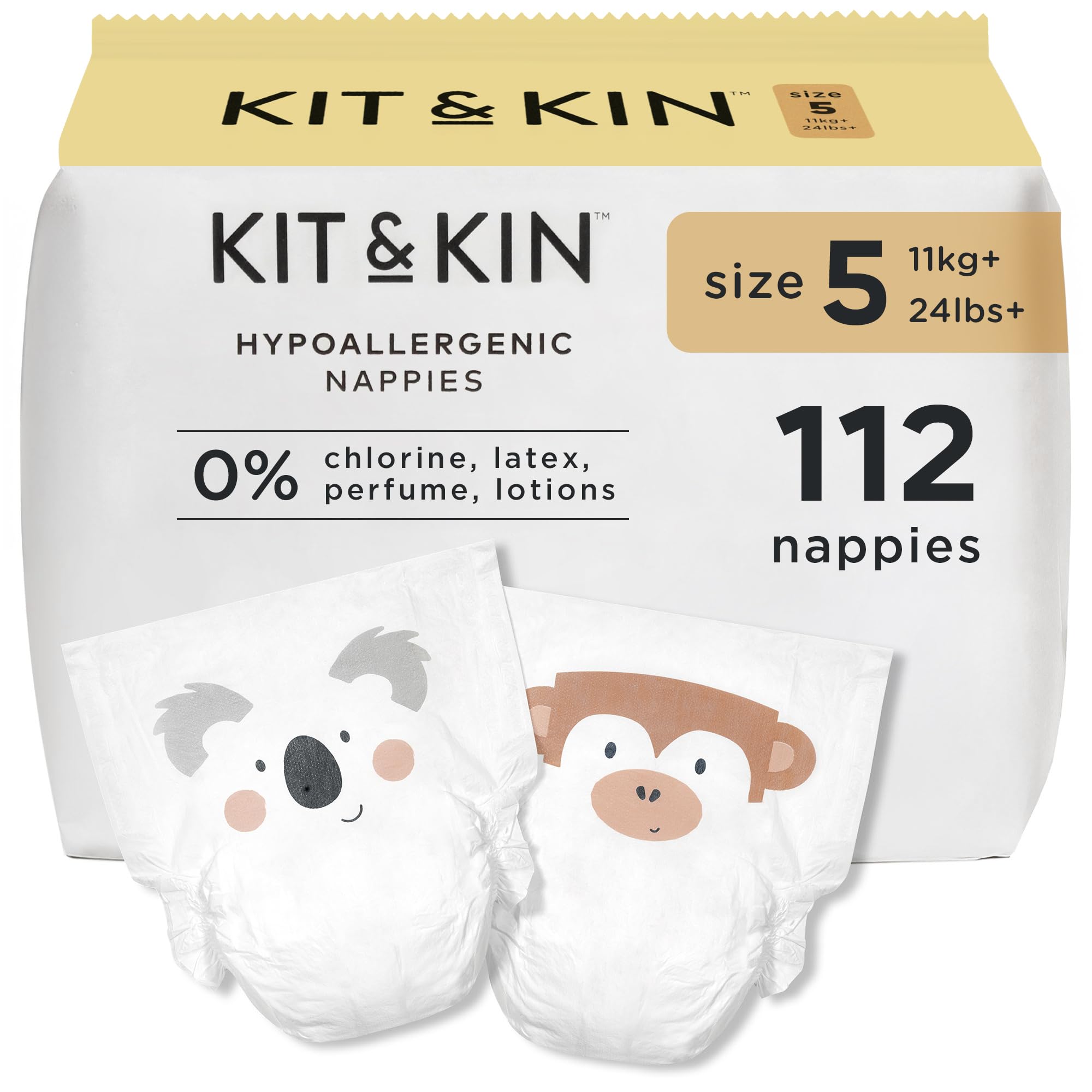 Kit & Kin Premium Baby Nappies Size 5 | 11+ kgs / 24+ lbs | Pack of 112 Nappies | Plant-Based Materials On Baby's Skin | Hypoallergenic | Superior up to 12 Hour Leak Protection