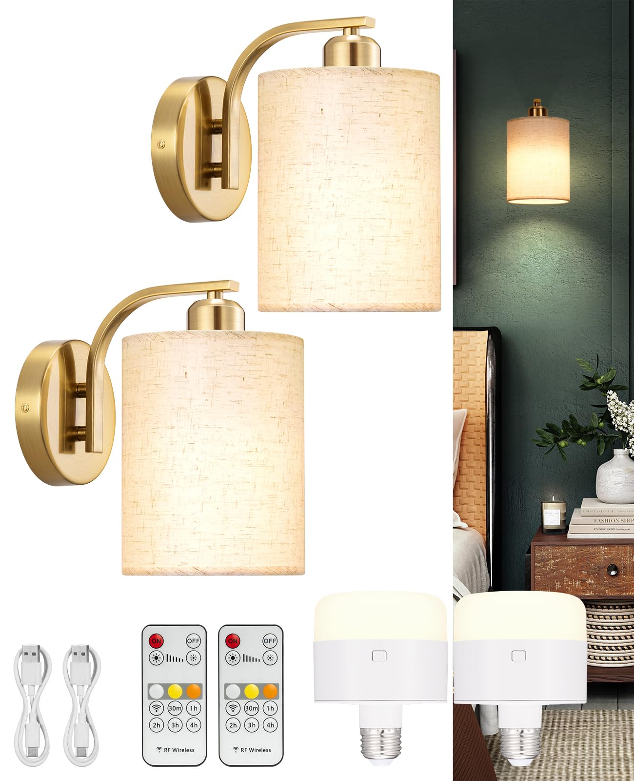 Photo 1 of Glitnous Battery Operated Wall Sconce, Rechargeable Sconces Set of 2 with 13000mAh Bulb, Cordless Wall Sconces with Remote, Battery Powered Wall Lamp/Lights for Bedroom Living Room, Gold