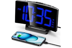 GOLOZA Digital Alarm Clock for Bedrooms, Digital Clock with Modern Curved Design, Conspicuous Blue LED Numbers, 5 Levels Brightness+Off, 2 Volume, 3 Alarm Tones, Snooze, Power-Off Memory, 12/24H