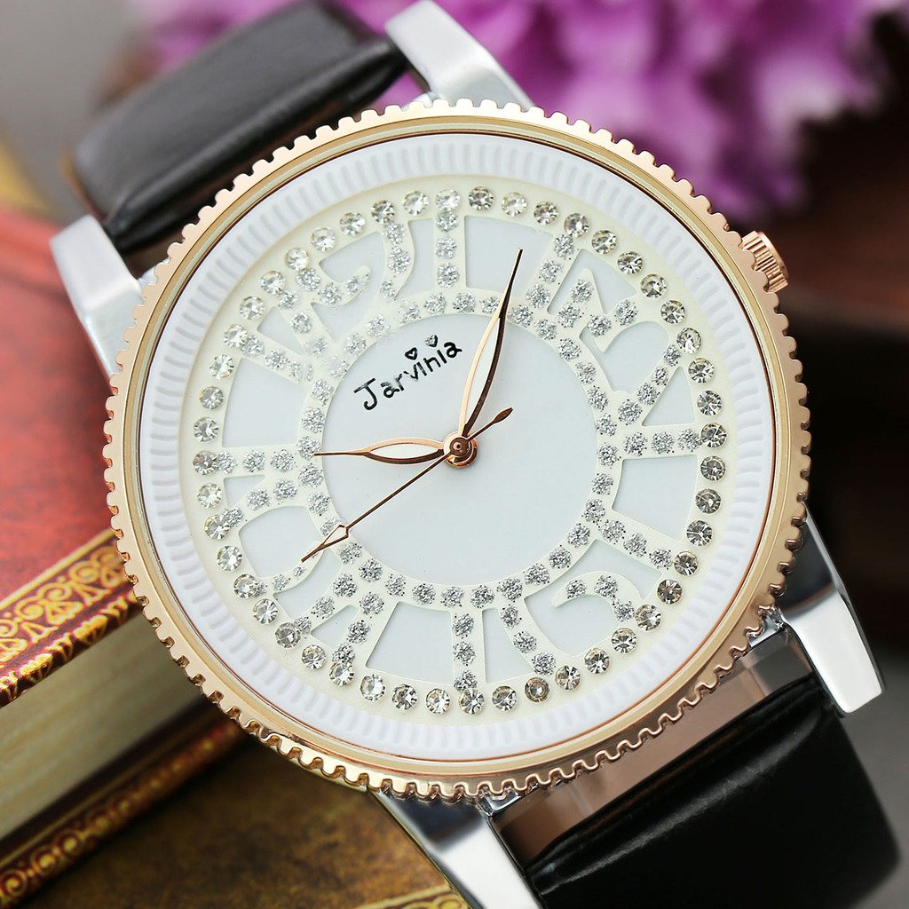 JSDDE Uhren,Elegant Frauen Armbanduhr Strass Ziffern Damen-Armbanduhr Echtleder Armband Analog Qaurzuhr J251,Schwarz