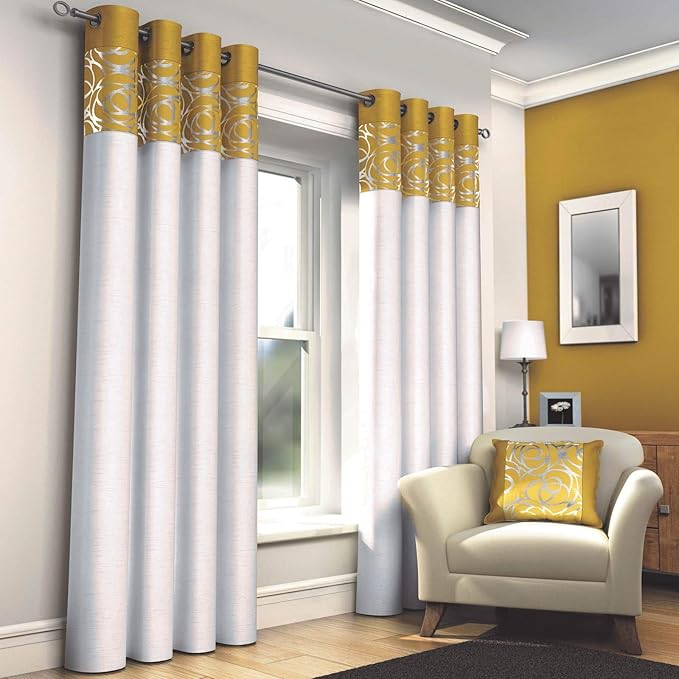 Ochre Skye Lined Eyelet Curtains, Mustard Yellow Modern Silver Metallic