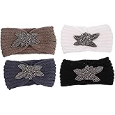 Beavorty 4Pcs Knitted Winter Headbands for Women with Rhinestone Diamond Accents - Soft Warm Hair Straps for Cold Weather Makeup Face Washing Daily Use